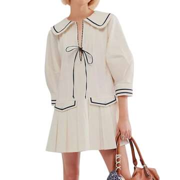 ICOBID Women Cute Bow Tie Up Open Front Mini Dress Lapel Contrast Binding 3/4 Sleeve Mini Dress Plea...