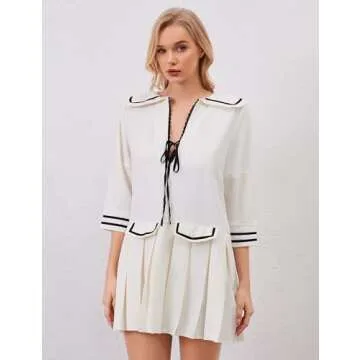 ICOBID Women Cute Bow Tie Up Open Front Mini Dress Lapel Contrast Binding 3/4 Sleeve Mini Dress Pleated A line Dresses White