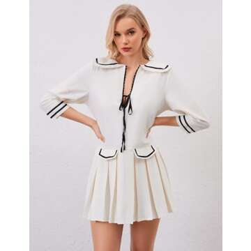 ICOBID Women Cute Bow Tie Up Open Front Mini Dress Lapel Contrast Binding 3/4 Sleeve Mini Dress Pleated A line Dresses White