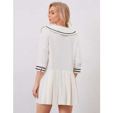 ICOBID Women Cute Bow Tie Up Open Front Mini Dress Lapel Contrast Binding 3/4 Sleeve Mini Dress Pleated A line Dresses White