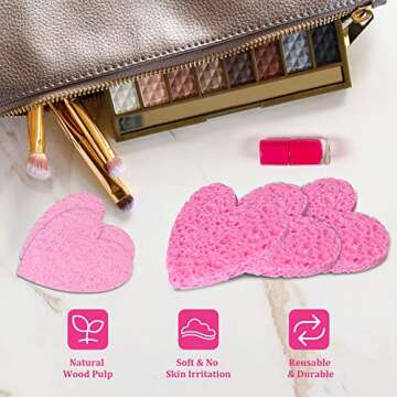 60-Count Kickleen Compressed Cellulose Heart Shape Facial Sponges | 100% Natural Cosmetic Spa Sponges for Facial Cleansing | Exfoliating | Makeup and Mask Removal | Reusable |Skin Massage (Pink)