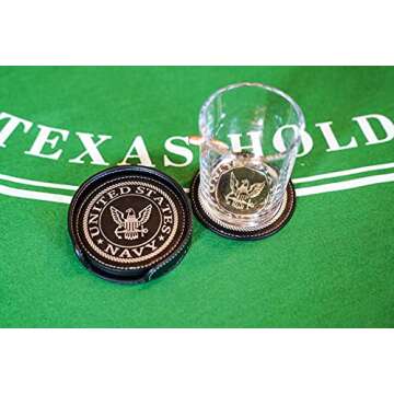 US Navy Leather Coaster Set - 4 Premium Coasters with Hot Stamped Foil Logo - Navy Gifts for Sailors...