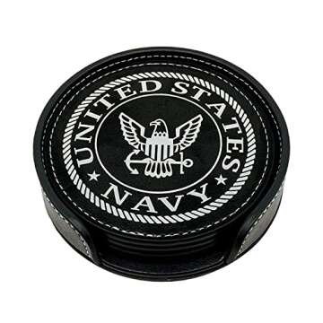 US Navy Leather Coaster Set - 4 Premium Coasters with Hot Stamped Foil Logo - Navy Gifts for Sailors | Disabled Vet Owned Business