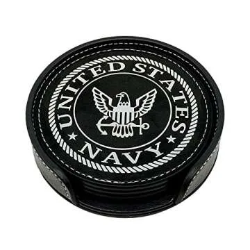 US Navy Leather Coaster Set - 4 Premium Coasters with Hot Stamped Foil Logo - Navy Gifts for Sailors | Disabled Vet Owned Business