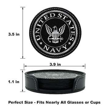 US Navy Leather Coaster Set - 4 Premium Coasters with Hot Stamped Foil Logo - Navy Gifts for Sailors | Disabled Vet Owned Business