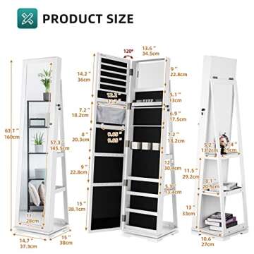 YITAHOME 360°Rotating Jewelry Armoire, Lockable Jewelry Cabinet with Full Length Mirror, Large Capacity Floor Standing Jewelry Organizer with Rear Storage Shelves for Bedroom, Cloakroom, White
