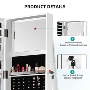 YITAHOME 360°Rotating Jewelry Armoire, Lockable Jewelry Cabinet with Full Length Mirror, Large Capacity Floor Standing Jewelry Organizer with Rear Storage Shelves for Bedroom, Cloakroom, White