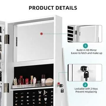 YITAHOME 360°Rotating Jewelry Armoire, Lockable Jewelry Cabinet with Full Length Mirror, Large Capacity Floor Standing Jewelry Organizer with Rear Storage Shelves for Bedroom, Cloakroom, White