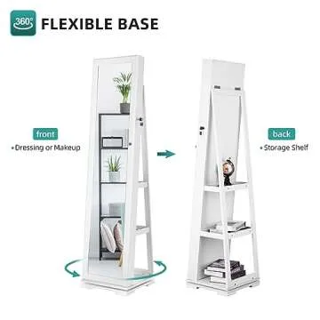 YITAHOME 360°Rotating Jewelry Armoire, Lockable Jewelry Cabinet with Full Length Mirror, Large Capacity Floor Standing Jewelry Organizer with Rear Storage Shelves for Bedroom, Cloakroom, White