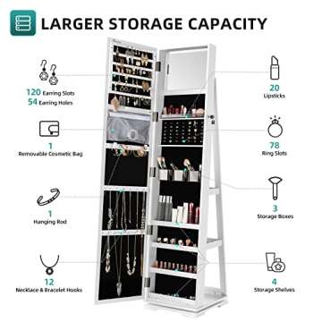 YITAHOME 360°Rotating Jewelry Armoire, Lockable Jewelry Cabinet with Full Length Mirror, Large Capacity Floor Standing Jewelry Organizer with Rear Storage Shelves for Bedroom, Cloakroom, White