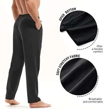 AMY COULEE Mens Cotton Yoga Pants Running Workout Lightweight Sweatpants Open Bottom Lounge Pants with Pockets (M, Black)