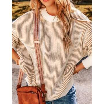 Zeagoo Women 2024 Winter Oversized Sweater Crew Neck Long Sleeve Color Block Pullover Rib Knit Blouse Tops Khaki Large