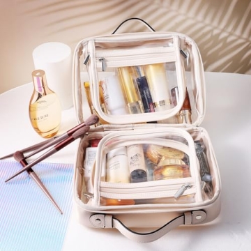Large Clear Travel Toiletry Case - Beige Makeup Bag