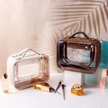 Large Clear Travel Toiletry Case - Beige Makeup Bag