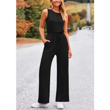 PRETTYGARDEN Womens Jumpsuits Summer Casual One Piece Outfits Sleeveless Wide Leg Long Pants Rompers (Black,Large)