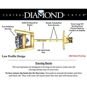 Central Diamond Center 14K Solid Gold Post & Sterling Silver 4 Prong CZ Stud Earrings - Yellow Gold ...