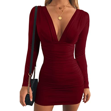 GOBLES Women's Sexy Long Sleeve V Neck Ruched Bodycon Mini Party Cocktail Dress Wine Red
