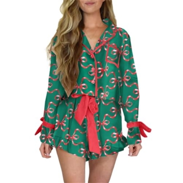 Thopavenoir Women Cute Christmas Pajamas Set 2 Piece Matching Set Bow Tie Long Sleeve Cartoon Shirt Baggy Ruffle Shorts Set (Green #J, L)