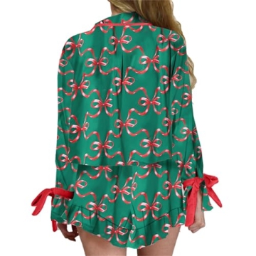 Thopavenoir Women Cute Christmas Pajamas Set 2 Piece Matching Set Bow Tie Long Sleeve Cartoon Shirt Baggy Ruffle Shorts Set (Green #J, L)