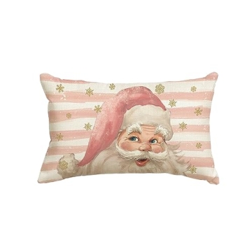 AVOIN colorlife Pink Santa Claus Stripes Throw Pillow Cover, 12 x 20 Inch Pink Christmas Cushion Case Decoration for Sofa Couch