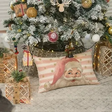 AVOIN colorlife Pink Santa Claus Stripes Throw Pillow Cover, 12 x 20 Inch Pink Christmas Cushion Case Decoration for Sofa Couch