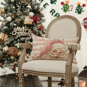 AVOIN colorlife Pink Santa Claus Stripes Throw Pillow Cover, 12 x 20 Inch Pink Christmas Cushion Case Decoration for Sofa Couch