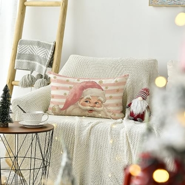 AVOIN colorlife Pink Santa Claus Stripes Throw Pillow Cover, 12 x 20 Inch Pink Christmas Cushion Case Decoration for Sofa Couch