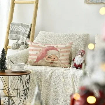 AVOIN colorlife Pink Santa Claus Stripes Throw Pillow Cover, 12 x 20 Inch Pink Christmas Cushion Case Decoration for Sofa Couch