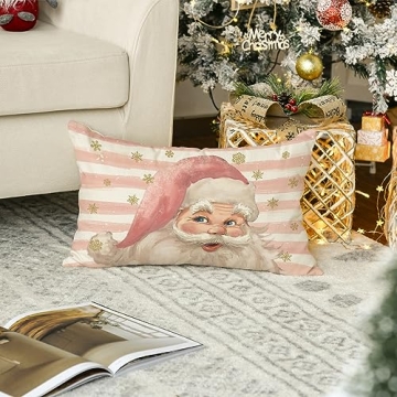AVOIN colorlife Pink Santa Claus Stripes Throw Pillow Cover, 12 x 20 Inch Pink Christmas Cushion Case Decoration for Sofa Couch