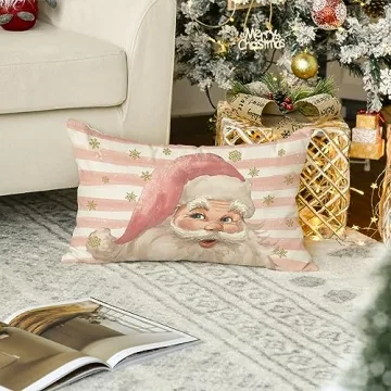 AVOIN colorlife Pink Santa Claus Stripes Throw Pillow Cover, 12 x 20 Inch Pink Christmas Cushion Case Decoration for Sofa Couch