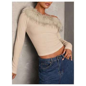 MakeMeChic Women's Off The Shoulder Tops Fuzzy Fitted Long Sleeve T Shirt Khaki Small