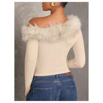 MakeMeChic Women's Off The Shoulder Tops Fuzzy Fitted Long Sleeve T Shirt Khaki Small