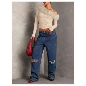 MakeMeChic Women's Off The Shoulder Tops Fuzzy Fitted Long Sleeve T Shirt Khaki Small