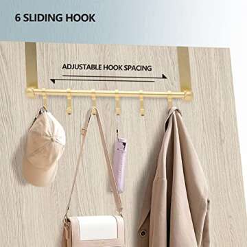 Biomoty Over The Door Hooks Door Hanger, Moving 6-Hooks Over Door Coat Rack for Hanging, Aluminum Heavy Duty Door Organizer for Towel Robe Hat Bag, Behind Back of Door Bathroom (Gold)