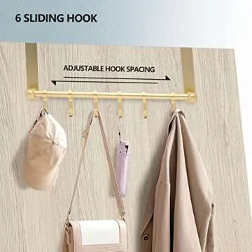 Biomoty Over The Door Hooks Door Hanger, Moving 6-Hooks Over Door Coat Rack for Hanging, Aluminum Heavy Duty Door Organizer for Towel Robe Hat Bag, Behind Back of Door Bathroom (Gold)
