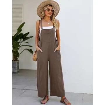 Flygo Overalls for Women Cotton Linen Bib Overalls Loose Fit Wide Leg Jumpsuits Casual Rompers with ...