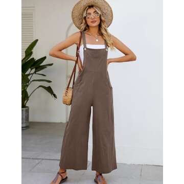 Flygo Overalls for Women Cotton Linen Bib Overalls Loose Fit Wide Leg Jumpsuits Casual Rompers with Pockets(Coffee-M)