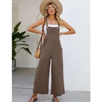 Flygo Overalls for Women Cotton Linen Bib Overalls Loose Fit Wide Leg Jumpsuits Casual Rompers with Pockets(Coffee-M)