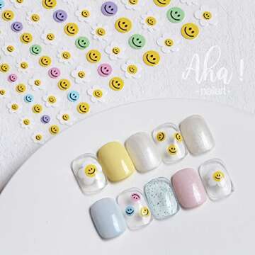 Flower Happy Face Nail Art Stickers Decals Cute Smile Flowers Face Nail Art Sticker 3D Self Adhesive DIY Design Fashion Trend Glamour Decoration Accessories for Ladies Girls Kids (2 Sheets)