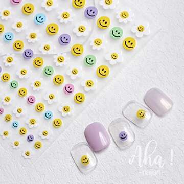 Flower Happy Face Nail Art Stickers Decals Cute Smile Flowers Face Nail Art Sticker 3D Self Adhesive DIY Design Fashion Trend Glamour Decoration Accessories for Ladies Girls Kids (2 Sheets)