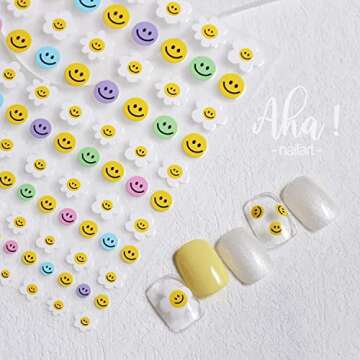 Flower Happy Face Nail Art Stickers Decals Cute Smile Flowers Face Nail Art Sticker 3D Self Adhesive DIY Design Fashion Trend Glamour Decoration Accessories for Ladies Girls Kids (2 Sheets)