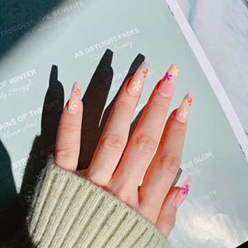 KXAMELIE Matte Nude Pink Glue on Nails Medium Length With Flowers Pattern,Press on Nails Medium Short Acrylic Nails Press on,Stick on Nails for Women and girls Daily Wear in 24 PCS Valentines Nails