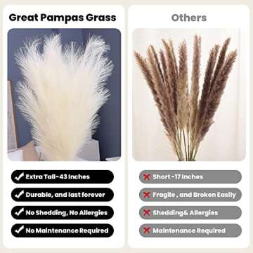dallisten 43" Fake Dried Pampas Grass, 3 Pcs Natural Fluffy Cream White Faux Pompous Grass, Tall Artificial Pampas Grass Boho Decor for Floor Vase,Wedding, Living Room, Party, Home Decoration
