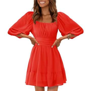 EXLURA Women's Casual Lantern Sleeve Tie Back Dress Ruffle Square Neck A-Line Fairy Fall Dresses Red