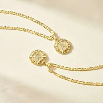 KissYan Gold Initial Necklace with Figaro Chain for Women