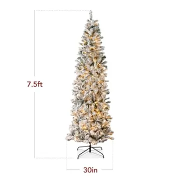 Best Choice Products Flocked Pencil Christmas Tree, Pre-Lit Slim Artificial Holiday Decoration, 7.5ft Lighted Skinny w/Base, Warm White Lights