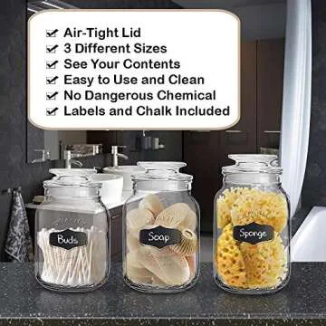 Glass Canister Set for Kitchen or Bathroom with Airtight Lid and Chalkboard Labels, Apothecary Glass Food Storage Jars,Set of 3 Cookie Jars, Candy, Coffee, Cereal & More, Clear Storage Containers!