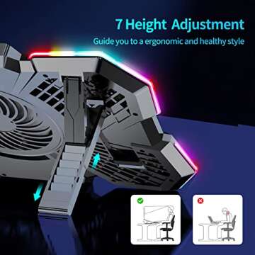 Laptop Cooling Pad, Gaming Laptop Cooler with 5 Quiet Fans and 12 RGB Lights Mode (One-Click Close), Laptop Fan Cooling Pad Fits 12-17 Inch Laptop,LCD Screen, 2 USB Ports, 7 Adjustable Height