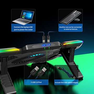 Laptop Cooling Pad, Gaming Laptop Cooler with 5 Quiet Fans and 12 RGB Lights Mode (One-Click Close), Laptop Fan Cooling Pad Fits 12-17 Inch Laptop,LCD Screen, 2 USB Ports, 7 Adjustable Height