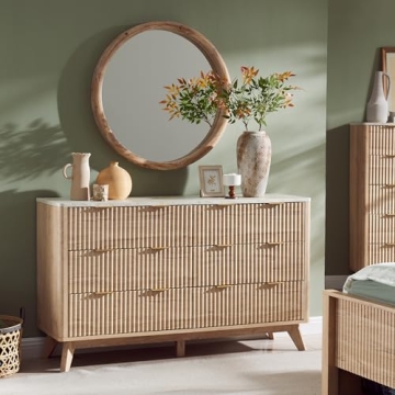 T4TREAM Fluted 6 Drawers Dresser, 54" Wide Modern Chest of Drawers with Faux Marble Top, Curved Profile Design, Dresser TV Stand, Wood Drawer Organizer for Bedroom, Living Room, Hallway, Natural Oak